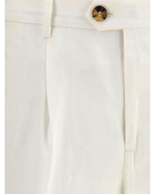 Brunello Cucinelli White Linen Tailored Trousers for men