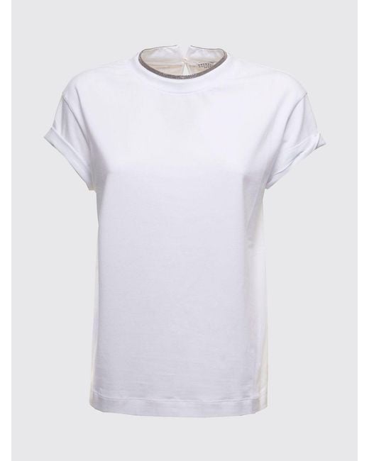 Brunello Cucinelli White Short-Sleeved Cotton T-Shirt With Monili Embroidery