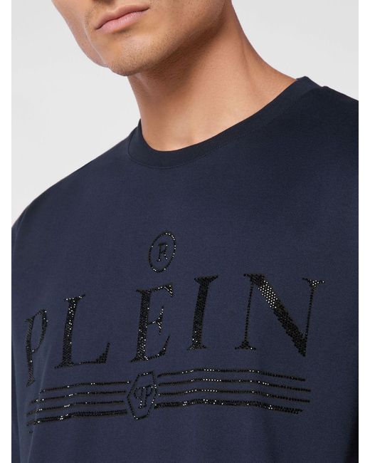 Philipp Plein Blue Cotton Crew Neck T-Shirt With Rhinestone Logo Lettering for men