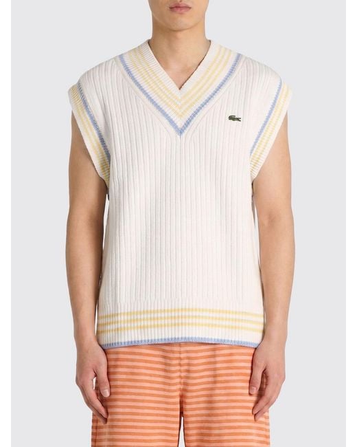 Lacoste White V-Neck Cotton-Blend Knit Vest With Striped Trim for men