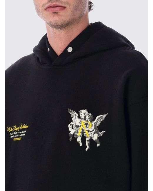 Represent Black Cotton Hooded Sweatshirt With Print for men