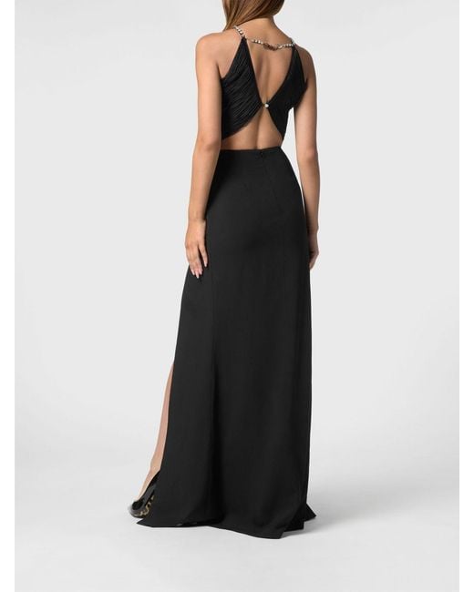 Philipp Plein Black Long Crêpe Evening Gown With Cut-Outs And Front Slit