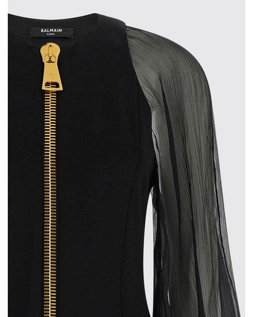 Balmain Black Jersey Sheath Mini Dress With Puff Sleeves And Crew Neck