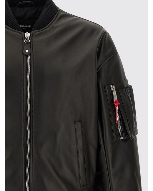 DSquared² Black Smooth Leather Bomber Jacket With Dropped Shoulders for men