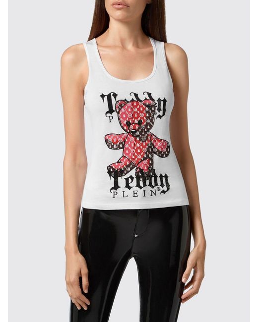 Philipp Plein White Slim Fit Teddy Bear Print Jersey Tank Top With Square Neck