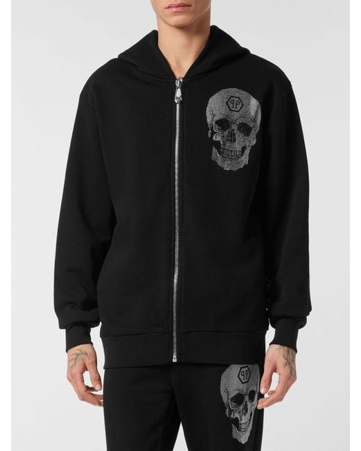 Philipp Plein Black Skull And Rhinestones Jersey Zip-Up Hoodie for men