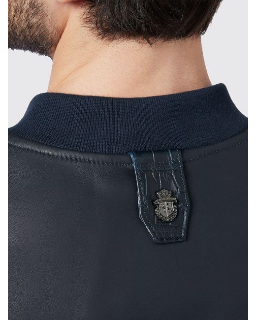 Billionaire Blue Nappa And Crocodile Leather Bomber Jacket With Crest for men