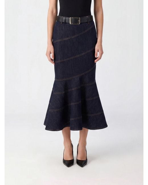 Self-Portrait Blue Striped Denim Flared Midi Skirt With High Waist And Belt