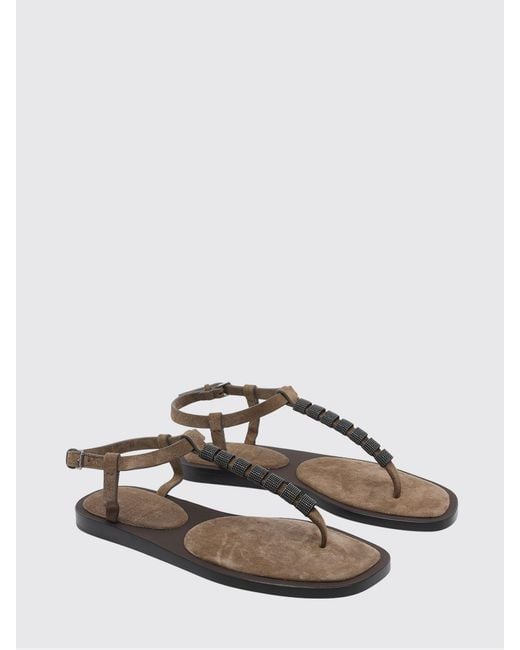Brunello Cucinelli Brown Suede Thong Sandal With Monile
