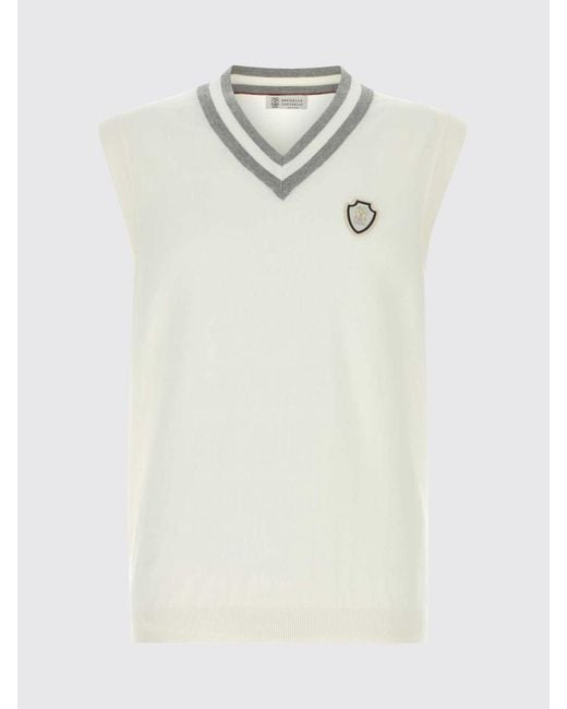Brunello Cucinelli White Cotton Knit Vest With Crest for men