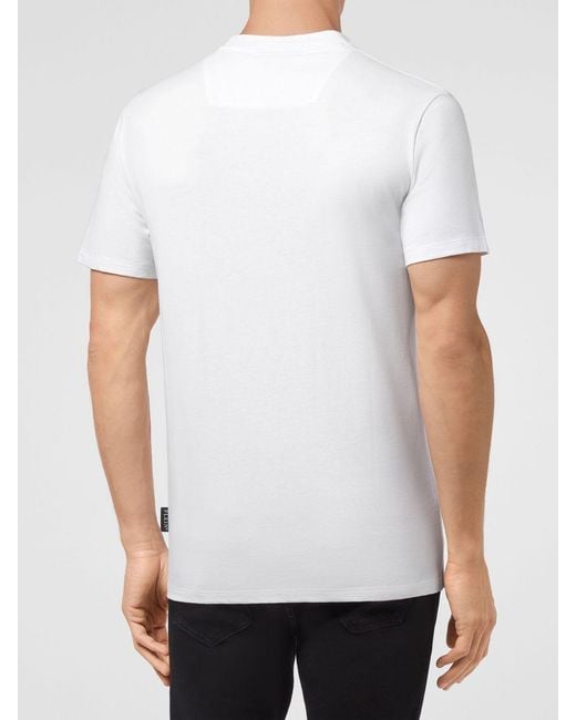 Philipp Plein White Slim Fit Cotton T-Shirt With Monogram Skull Embroidery And Hexagon Logo for men