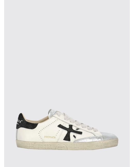 Premiata White Stevend Leather And Glitter Sneakers