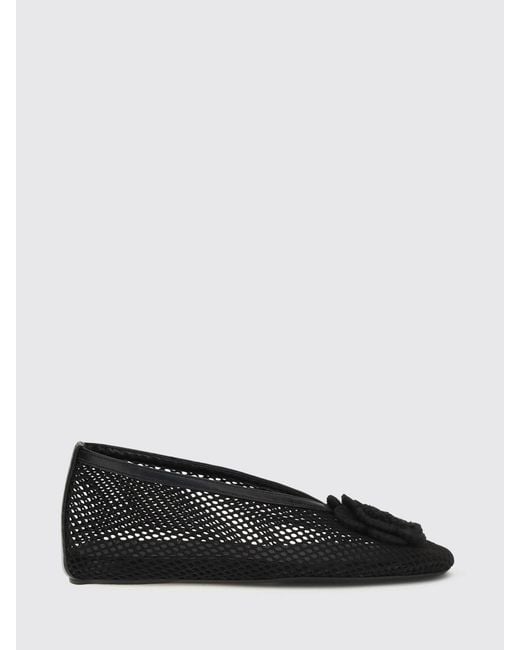 Ganni Black Jenny Perforated Technical Fabric Ballet Flats With Flower Appliqué