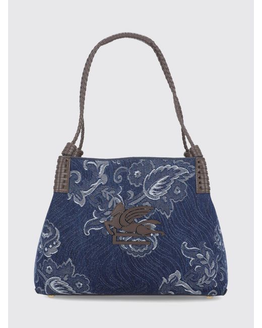 Etro Blue Libra Floral Print Cotton Denim Shoulder Bag With Pegaso Logo
