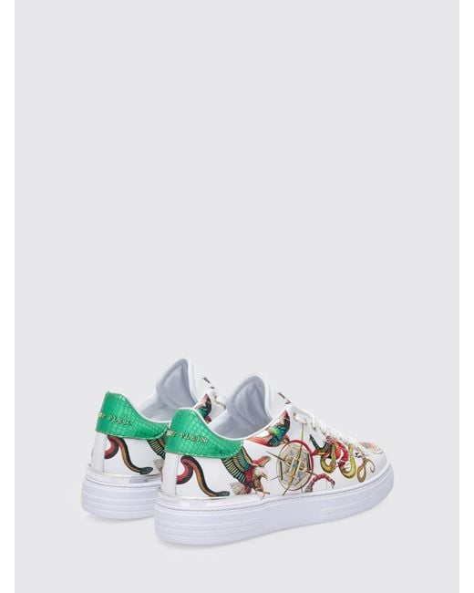 Philipp Plein White Low-Top Smooth Calfskin Leather Trainers With Side Hexagon Logo for men