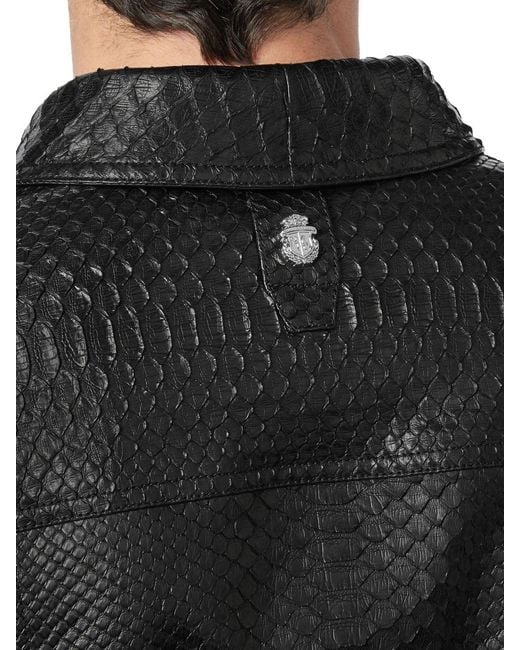 Billionaire Black Snakeskin Leather Shirt Jacket With Applied Patch Pockets for men