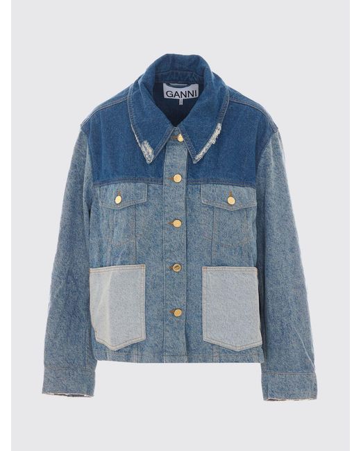 Ganni Blue Cropped Patchwork Denim Jacket