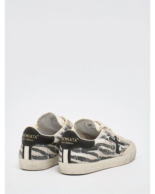 Premiata White Stevend Leather And Glitter Sneakers