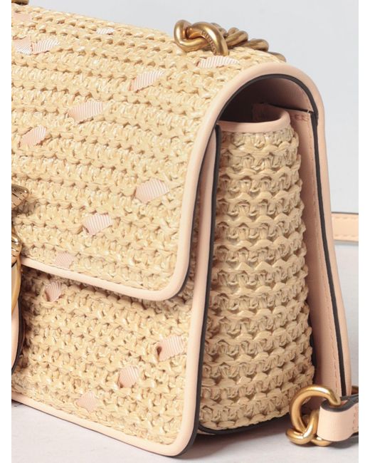 Pinko Natural Mini Love Bag One Light Chevron Raffia And Leather Bag