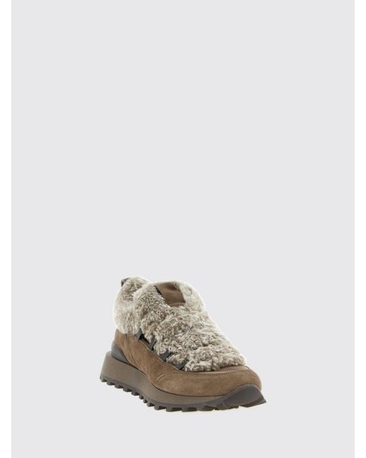 Brunello Cucinelli Brown Leather And Shearling Low Top Sneakers With Monili Detail