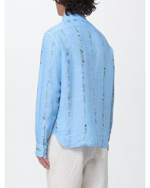 120% Lino Blue Linen Shirt With Floral Embroidery for men