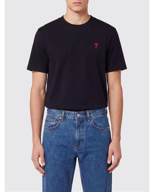AMI Blue Organic Cotton Crewneck T-Shirt With Ami De Coeur Embroidery for men