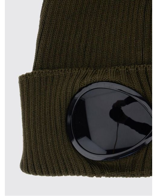 C P Company Green Cotton Beanie With Cuff And Iconic Goggle Lenses for men