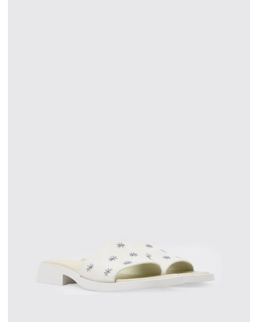 Camper White Dana Leather Sandals With Floral Embroidery