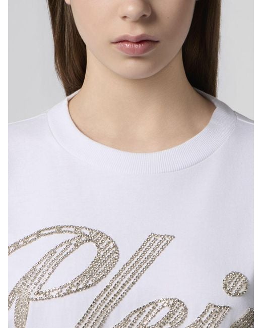 Philipp Plein White Cotton Crew-Neck T-Shirt With Rhinestone Logo