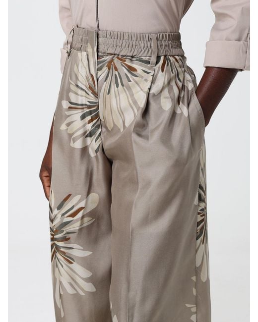 Brunello Cucinelli Natural Wide-Leg Silk Trousers With Floral Print