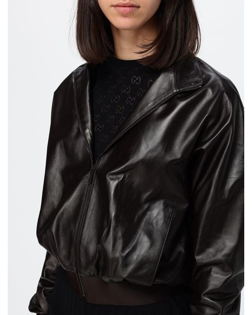 Gucci Black Nappa Leather Bomber Jacket With High Collar And Zip Closure