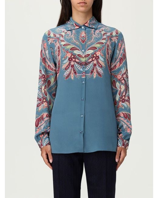 Etro Blue Silk Shirt With Placed Paisley Foliage Print