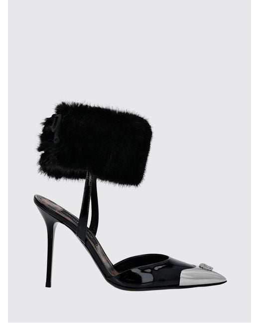 Philipp Plein Black Patent Leather Slingback Pumps With Skull And Stiletto Heel
