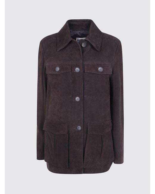 Semicouture Brown Cropped Suede Leather Shirt Jacket With Patch Pockets