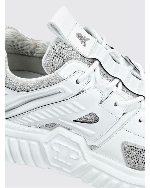 Philipp Plein White Leather Low-Top Sneakers With Rhinestones And Hexagon Logo for men