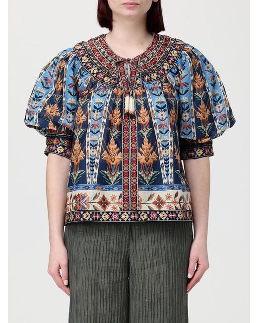 Farm Rio Blue Cotton Crew-Neck Blouse