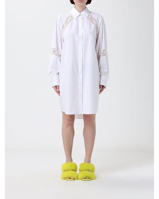 MSGM White Cotton Mini Shirt Dress With Lace Inserts And Asymmetrical Hem