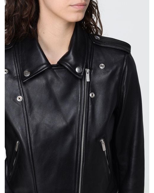 Twinset Black Leather Biker Jacket With Asymmetrical Zip And Shoulder Epaulettes
