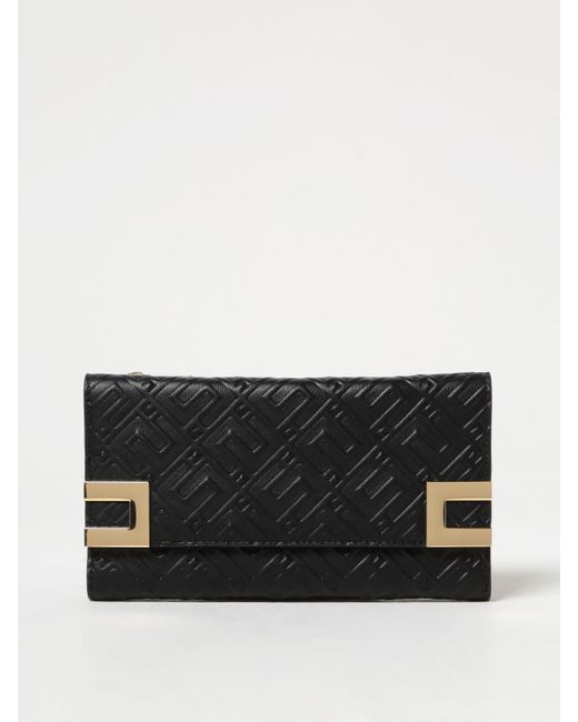 Elisabetta Franchi Black Wallet Bag In Synthetic Leather With Embossed Monogram