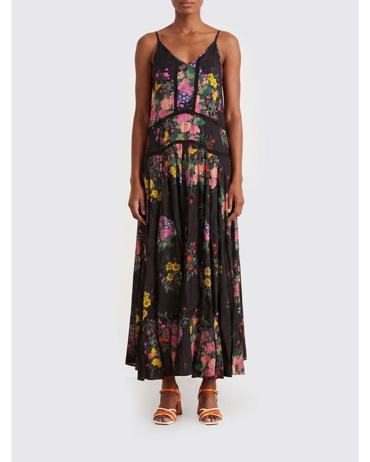 Mes Demoiselles Black Floral Print Long Viscose Dress With V-Neck And Thin Straps