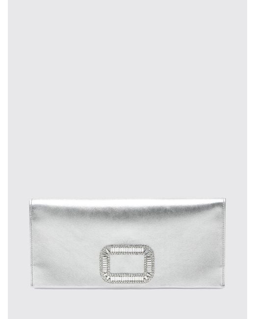 Roger Vivier Gray Pilgrim Laminated Leather Clutch With Jewel Buckle