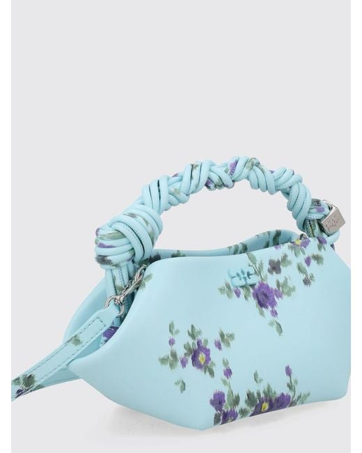 Ganni Blue Bou Floral Recycled Leather Handbag With Braided Handle