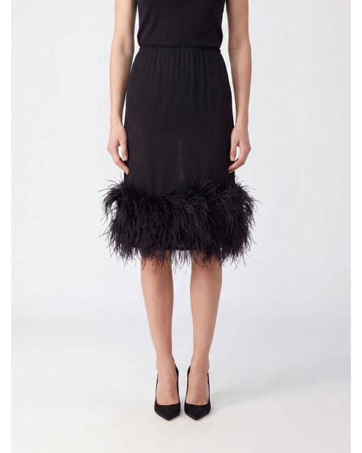 Semicouture Black Satin Midi Pencil Skirt With Feather Application