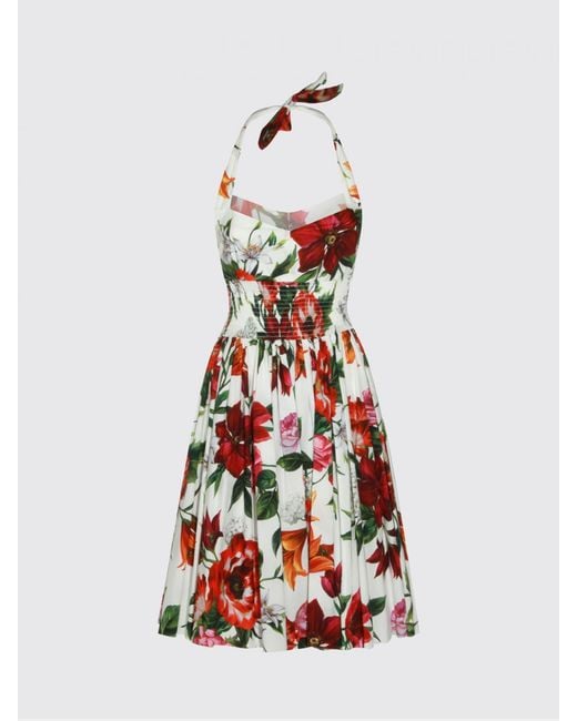 Dolce & Gabbana White Dolce &Amp Gabbana Floral Print Cotton Halterneck Midi Dress