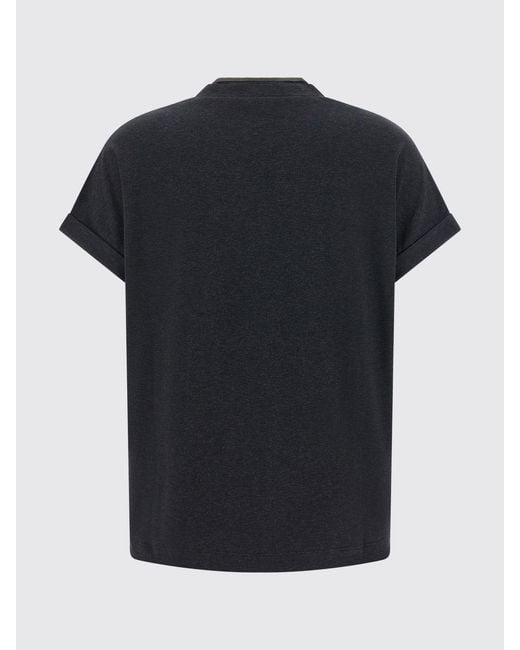 Brunello Cucinelli Blue Cotton V-Neck T-Shirt With Monili Embellishment