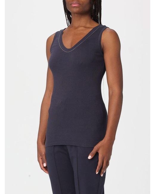 Brunello Cucinelli Blue Stretch Cotton Tank Top With Monile