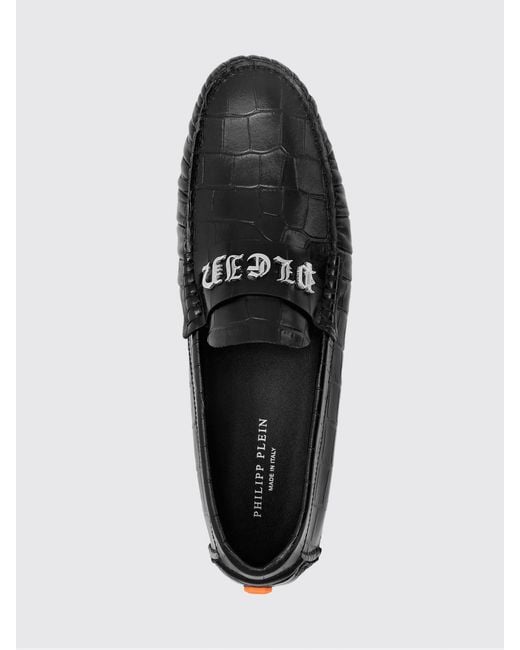 Philipp Plein White Leather Driver Loafers With Crocodile Print And Metal Logo for men