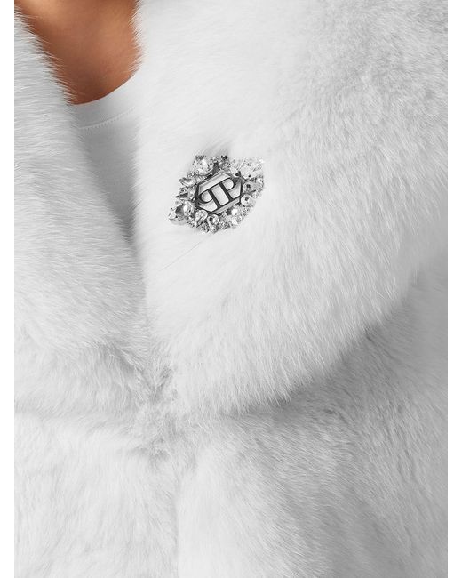 Philipp Plein Gray Cropped Fox Fur Jacket With Crystals