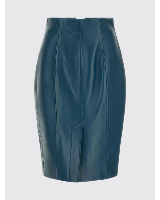 Balmain Blue High-Waisted Lamb Leather Midi Pencil Skirt With Slit