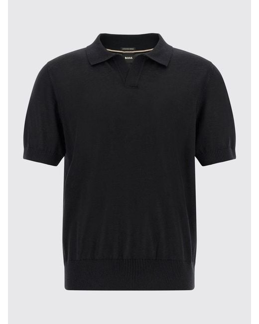 Boss Black Virgin Wool Knit Polo Shirt With V-Neck And Short Sleeves for men